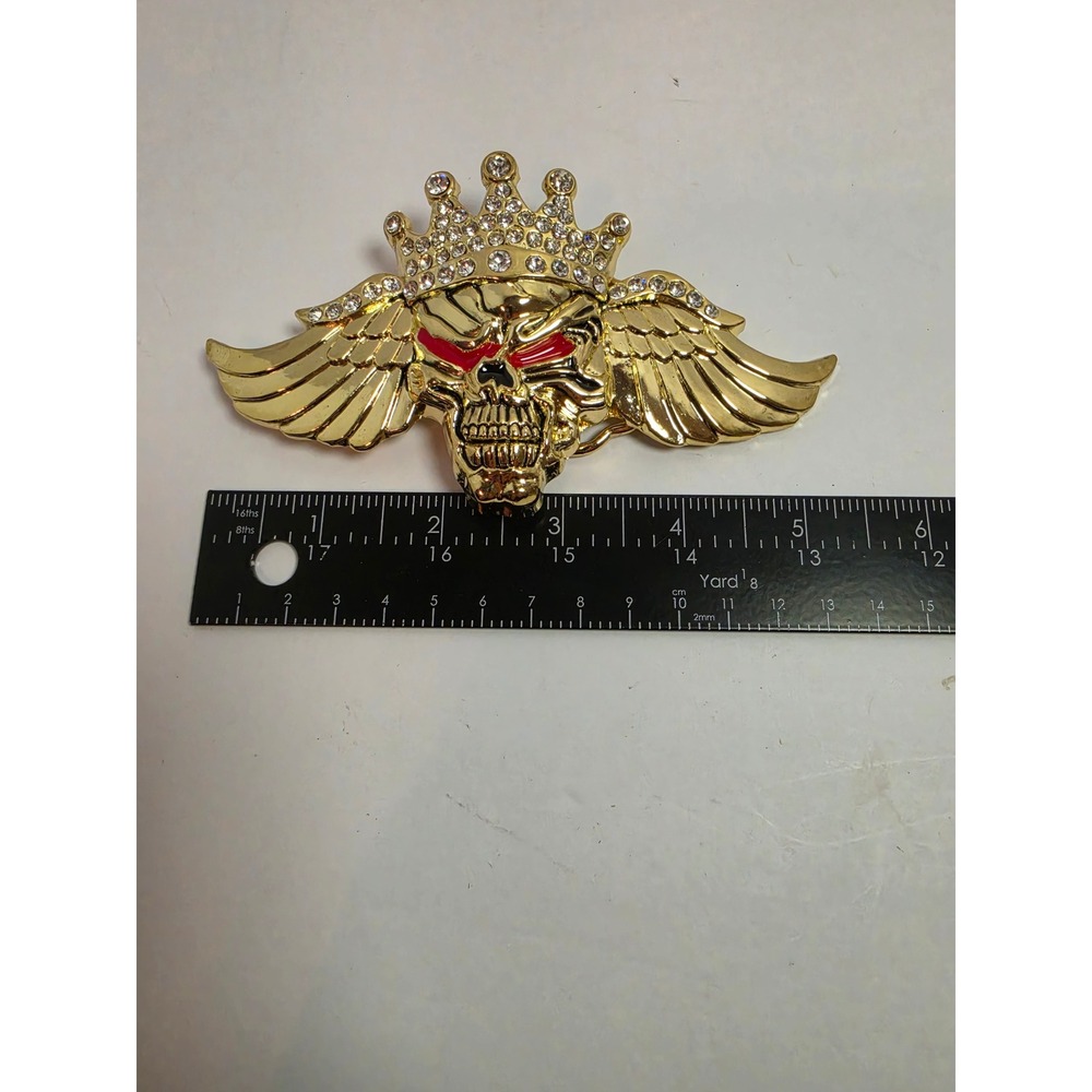 Mens Gold Winged Skull Crown Belt Buckle Rhinestone Red Eyes Biker Gothic